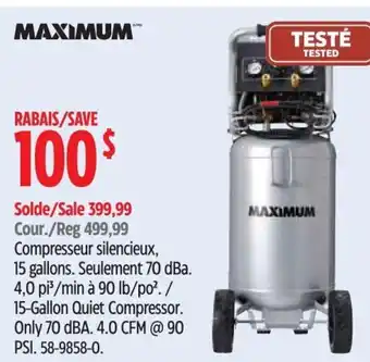 Canadian Tire MAXIMUM 15-Gallon Quiet Compressor. Only 70 dBA. 4.0 CFM @ 90 PSI. 58-9858-0. offer