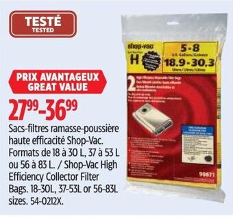 Canadian Tire Shop-Vac High Efficiency Collector Filter Bags. 18-30L, 37-53L or 56-83L sizes. offer