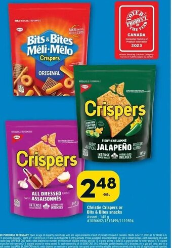 Giant Tiger Christie Crispers or Bits & Bites snacks Assort., 145 g #1056652/1312499/1119594 offer