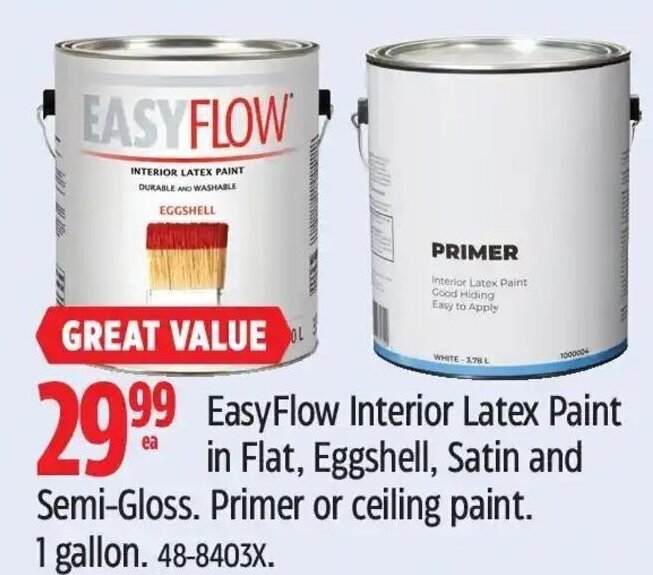 Canadian Tire EasyFlow Interior Latex Paint in Flat, Eggshell, Satin and Semi-Gloss. Primer or ceiling paint. 1 gallon. 48-8403X. offer