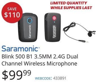 Vistek Saramonic b1 3.5mm 2.4g dual channel wireless microphone offer
