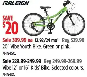 Canadian Tire RALEIGH 20" Vibe Youth Bike. Green or pink. 71-1945X. offer