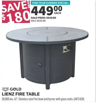 Co-op LIENZ FIRE TABLE, 50,000 btu. 42". Stainless steel fire bowl and burner with glass rocks. offer