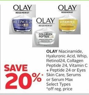 Rexall OLAY Niacinamide, Hyaluronic Acid, Whip, Retinol24, Collagen Peptide 24, Vitamin C +Peptide 24 or Eyes Skin Care, offer