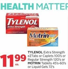 Rexall TYLENOL Extra Strength eZTabs or Caplets 100's or Regular Strength 120's or MOTRIN Tablets 45's-60's or Liquid Gels 72's offer