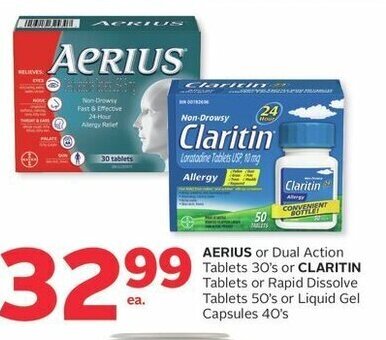 Rexall AERIUS or Dual Action Tablets 30's or CLARITIN Tablets or Rapid Dissolve Tablets 50's or Liquid Gel Capsules 40's / ea offer