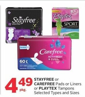 Rexall STAYFREE or CAREFREE Pads or Liners or PLAYTEX Tampons / pkg. offer