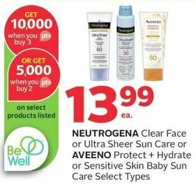 Rexall NEUTROGENA Clear Face or Ultra Sheer Sun Care or AVEENO Protect + Hydrate or Sensitive Skin Baby Sun Care offer