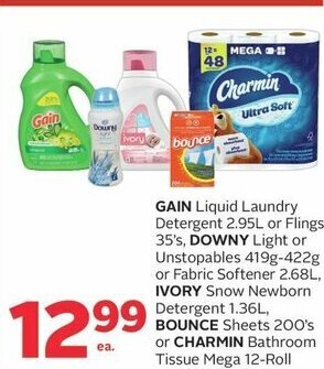 Rexall GAIN 2.95L or Flings 35's, DOWNY Unstopables 419g or Fabric Softener 2.68L, IVORY 1.36L,BOUNCE Sheets 200's Charmin offer