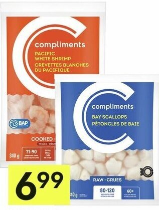 IGA COMPLIMENTS Shrimp 71-90 ct raw or cooked or Bay Scallops 80-120 ct, 340 g offer