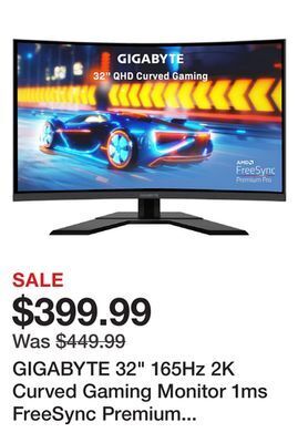Newegg Gigabyte 32 165hz 2k curved gaming monitor 1ms freesync premium pro, qhd 2560 x 1440, 93% dci-p3, vesa hdr400, 1 x displaypor offer
