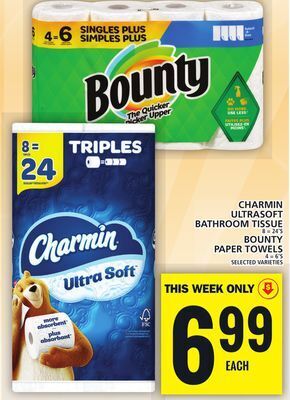 Food Basics Charmin ultrasoft bathroom tissue or bounty paper towels offer