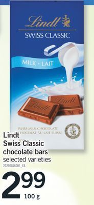 Fortinos Lindt swiss classic chocolate bars, 100 g offer