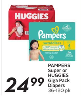 Sobeys Pampers super or huggies giga pack diapers offer