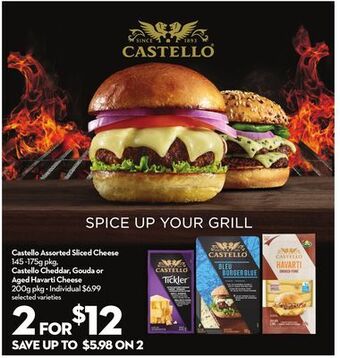 Longo's Castello assorted sliced cheese 145-175g pkg, castello cheddar, gouda or aged havarti cheese 200g pkg offer