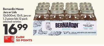 Longo's Bernardin mason jars or lids 12x500ml 12x1l jars or 1, 2 piece lids 12 pack offer
