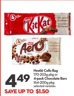 Longo's Nestlé cello bag 170-203g pkg or 4-pack chocolate bars 164-200g pkg offer