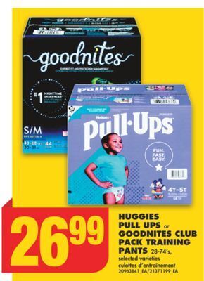 No Frills Huggies pull ups or goodnites club pack training pants, 28-74's offer