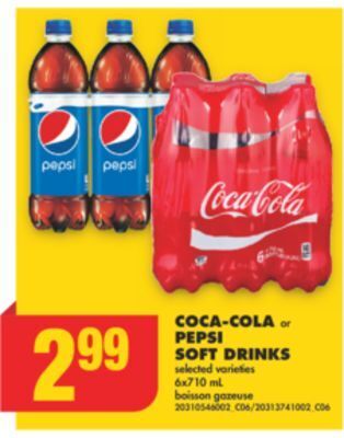 No Frills Coca-cola or pepsi soft drinks, 6x710 ml offer