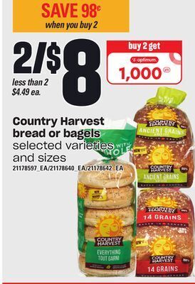Independent Grocer Country harvest bread or bagels offer