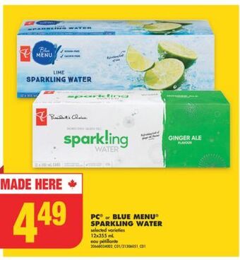 No Frills Pc® or blue menu® sparkling water, 12x355 ml offer