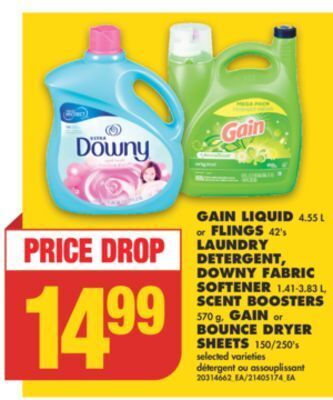 No Frills Gain liquid, 4.55 l or flings, 42's laundry detergent, downy fabric softener, 1.41-3.83 l, scent boosters, 570 g, gain or bou offer
