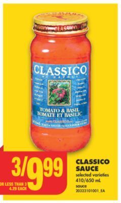 No Frills Classico sauce, 410/650 ml offer