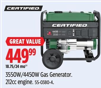 Canadian Tire Certified 3550w/4450w gas generator offer