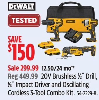 Canadian Tire Dewalt 20v brushless 1⁄2˝ drill, 1⁄4˝ impact driver and oscillating cordless 3-tool combo kit offer