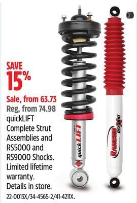 Canadian Tire Quicklift complete strut assemblies and rs5000 and rs9000 shocks offer