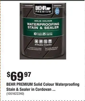 Home Depot Behr premium solid colour waterproofing stain & sealer in cordovan brown offer