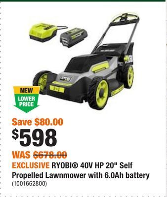 Home Depot Exclusive ryobi® 40v hp 20 self propelled lawnmower with 6.0ah battery offer