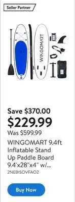 Walmart Wingomart 9.4ft inflatable stand up paddle board 9.4'x28x4 w/ premium sup accessories & carry bag |wide stance bottom fin for offer