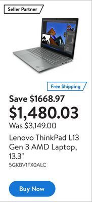 Walmart Lenovo thinkpad l13 gen 3 amd laptop, 13.3 offer
