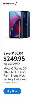 Walmart Moto g stylus 5g 2022 128gb 4gb ram brand new factory unlocked smartphone offer