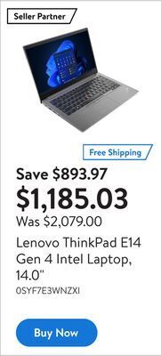 Walmart Lenovo thinkpad e14 gen 4 intel laptop, 14.0 offer