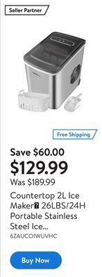 Walmart Countertop 2l ice maker， 26lbs/24h portable stainless steel ice making machine with 2 sizes of bullet ice offer