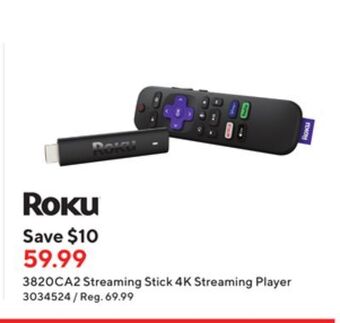 Staples Roku 3820ca2 streaming stick 4k streaming player offer