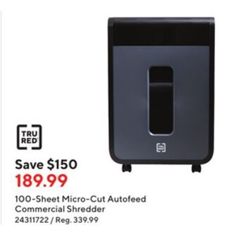 Staples Tru red 100-sheet micro-cut autofeed commercial shredder offer