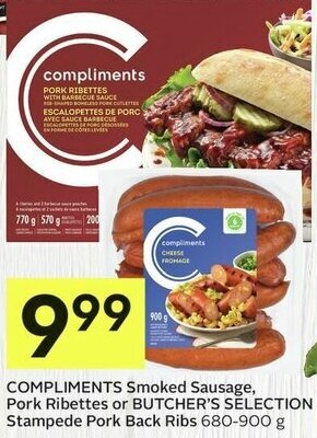 IGA COMPLIMENTS Smoked Sausage, Pork Ribettes or BUTCHER'S SELECTION Stampede Pork Back Ribs 680-900 g offer