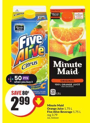 Chalo FreshCo Minute maid orange juice 1.75 l five alive beverage 1.75 l offer