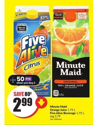 FreshCo Minute maid orange juice 1.75 l five alive beverage 1.75 l offer