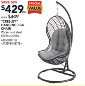 RONA Cresley hanging egg chair offer