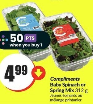 FreshCo Compliments Baby Spinach or Spring Mix 312 g offer