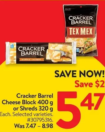 Walmart Cracker barrel cheese block or shreds offer