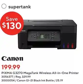 Staples Canon pixma g3270 megatank wireless all-in-one printer | canon gi-21 black ink bottle offer