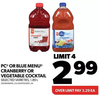 Real Canadian Superstore Pc or blue menu cranberry or vegetable cocktail offer
