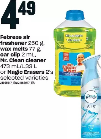 Loblaws Febreze air freshener, wax melts, car clip, mr. clean cleaner or magic erasers offer