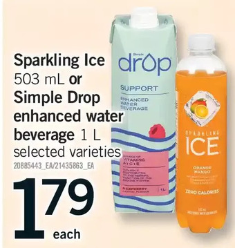 Fortinos Sparkling ice or simple drop enhanced water beverage offer