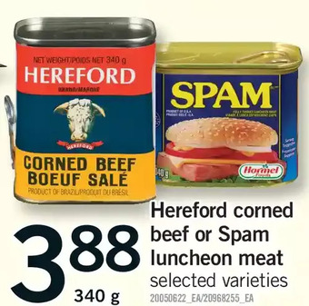 Fortinos Hereford corned beef or spam luncheon meat offer